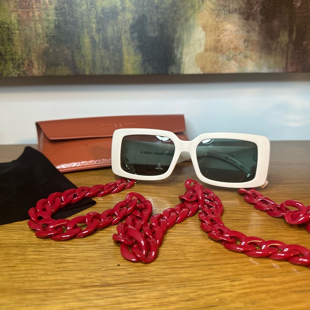 White Sunglasses with Red Chain